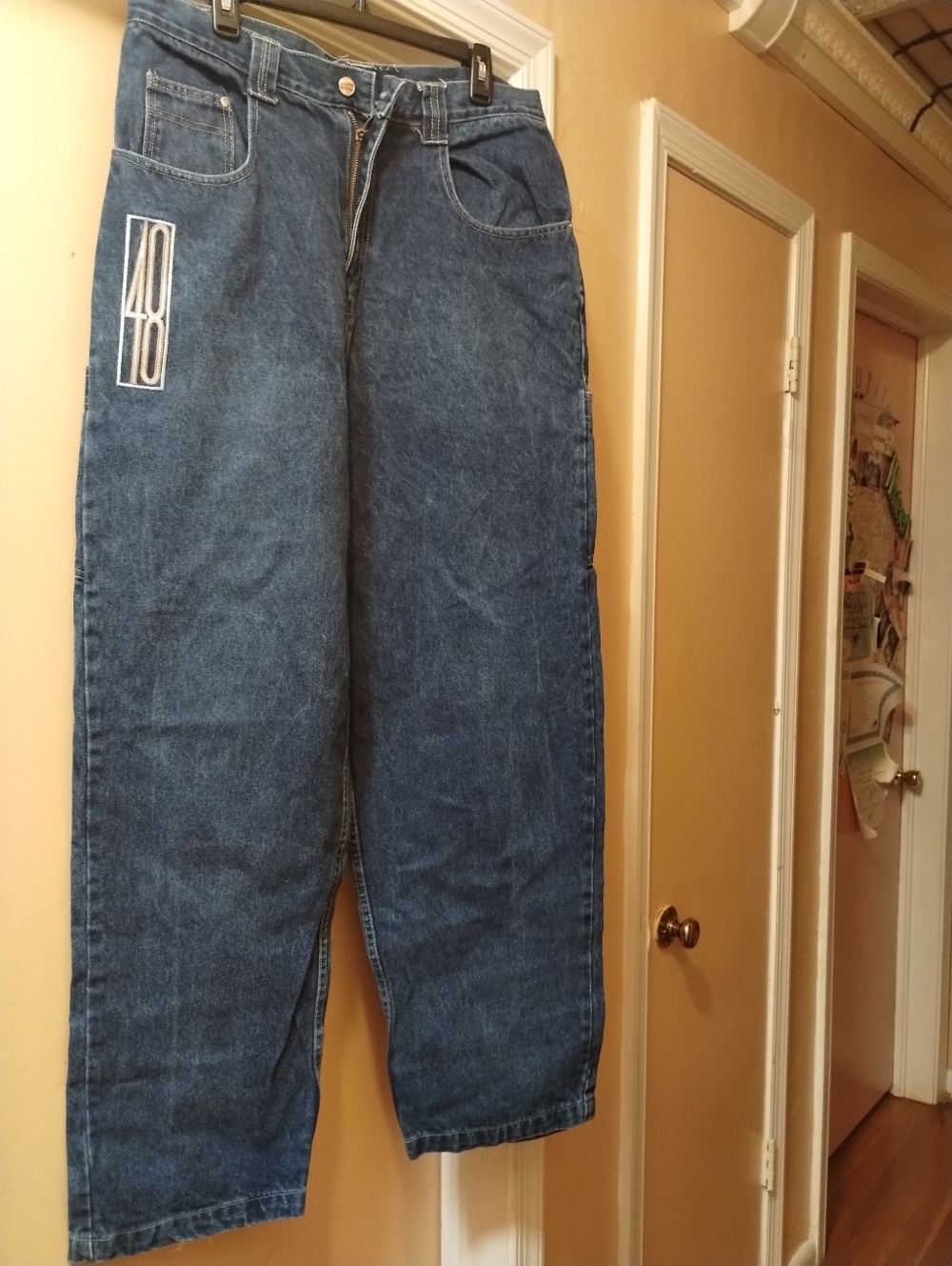 Vintage Relaxed Dark Blue Denim Jeans with Subtle Patch Detail